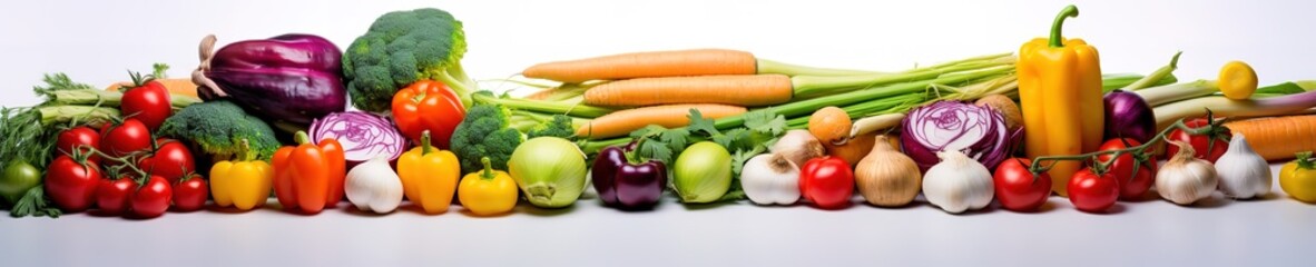 A wide variety of vegetables and spices on a white background