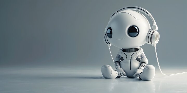 A sleek white humanoid robot figure sits on a plain gray background wearing a headset with an earpiece