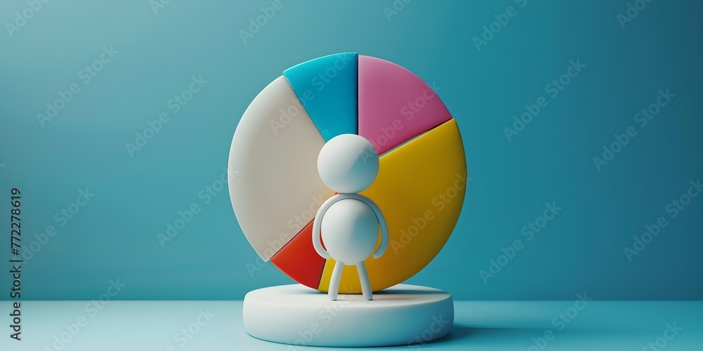 Poster pie chart character slicing segments of strategic success and copy space in d rendering