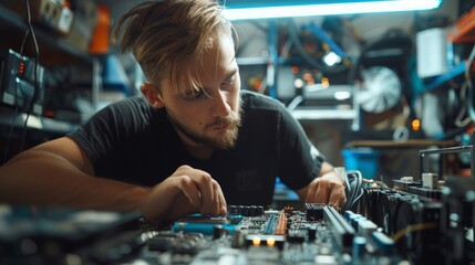 Computer engineer working on broken console in his workshop