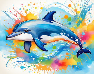 Obraz na płótnie Canvas Colorful dolphins swimming in a colorful background, illustrated by illustrators of dolphins in the sea
