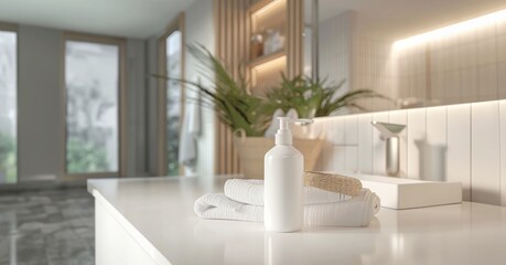 3D rendering of the disinfectant gel for the hand and towel on the white table in the modern interior of the bathroom.