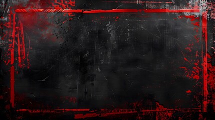 Striking red grunge border for copyspace on isolated black background, expressive red brush strokes on black wall - obrazy, fototapety, plakaty