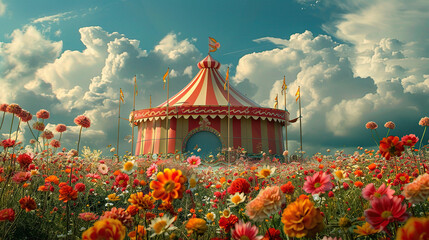 World Circus Day. Holiday concept. circus tent in spring flowers and blue sky background, banner, card, poster  - obrazy, fototapety, plakaty