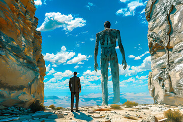 Homme et géant dans le désert - obrazy, fototapety, plakaty