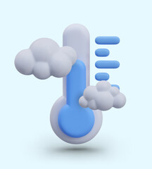 Blue realistic thermometer with measuring scale, white clouds