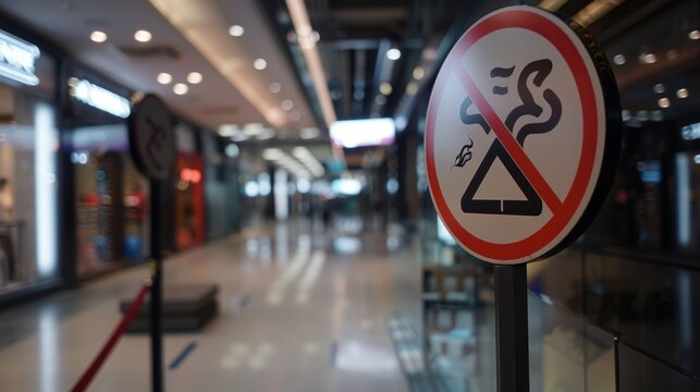 Close up of circle no smoking sign in public area at shopping mall. AI generated image