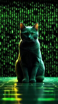 A cat sitting peacefully, behind a green background of falling letters and numbers, green neon light, futuristic dark style.