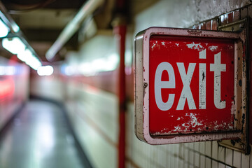 Emergency exit sign, with writing “exit”
 - obrazy, fototapety, plakaty