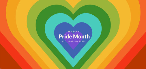 Happy pride month. Rainbow hearts for LGBTQ.Pride month celebration against violence,descrimination,human rights violation.Equality and self-affirmarmation.Vector illustration for Gay Pride Month 2024 - obrazy, fototapety, plakaty