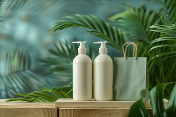 Two bottles of shampoo and conditioner are displayed in a green bag. cosmetic concept