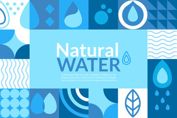 Natural water,geometric banner in flat style.Geometry minimalistic water drops,simple shapes of wave,leaf,drop.Great for flyer,web poster,templates,cover design, label.Vector illustration.