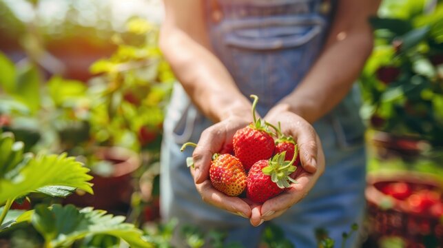 Woman hands holding ripe red strawberries in garden. AI generated image