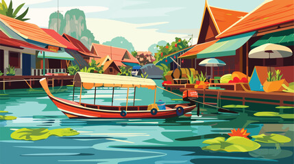 Boat in a floating market in Thailand  vector illustration