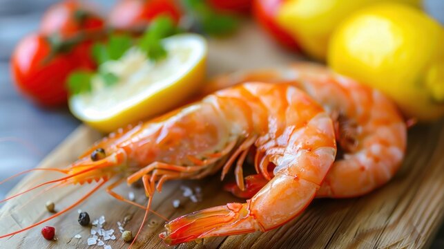 Close up tasty boiled shrimps seafood with lemon and tomatoes on a wooden board. AI generated image