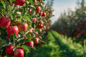 Apple trees in an orchard, with red apples ready for harvest
