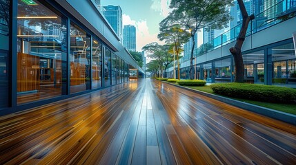 A wooden-floored pathway runs parallel to a rapid thoroughfare, edged by architecturally distinct glass cubicles. Generative AI.