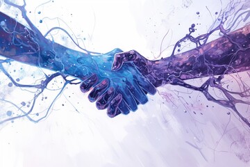 Axon and dendrite meeting, top view, soft purple handshake, detailed connection, clear view - obrazy, fototapety, plakaty