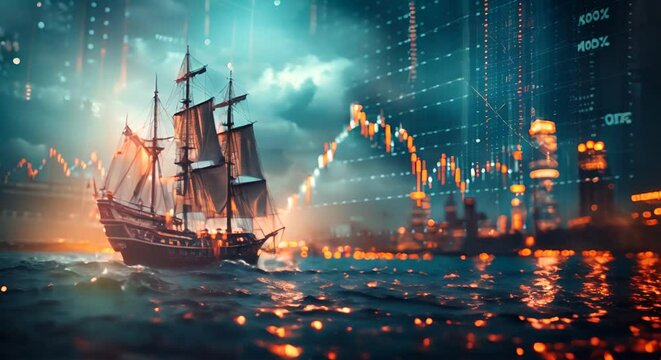 Ship sailing on a bullish stock market chart