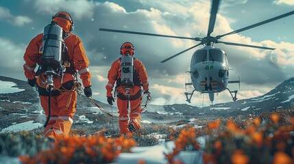 Medics with safety harnesses and climbing equipment running to helicopters for emergency medical treatment, helicopter emergency medical service. Generative AI.