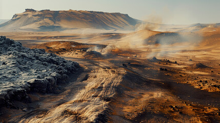 A dirt road stretches out in the middle of a barren desert, surrounded by vast sand dunes and distant mountain ranges.