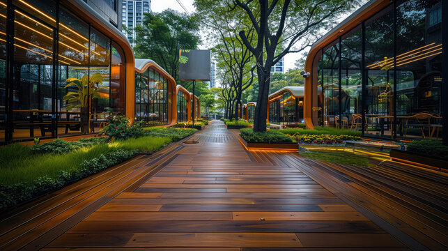 A wooden-floored pathway runs parallel to a rapid thoroughfare, edged by architecturally distinct glass cubicles. Generative AI.