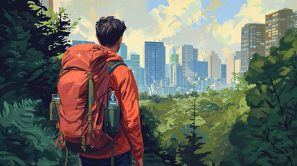 Ilustração de uma pessoa caminhante com mochila no meio da natureza, observando uma grande cidade à frente, representando o conceito de objetivo e chegada - obrazy, fototapety, plakaty