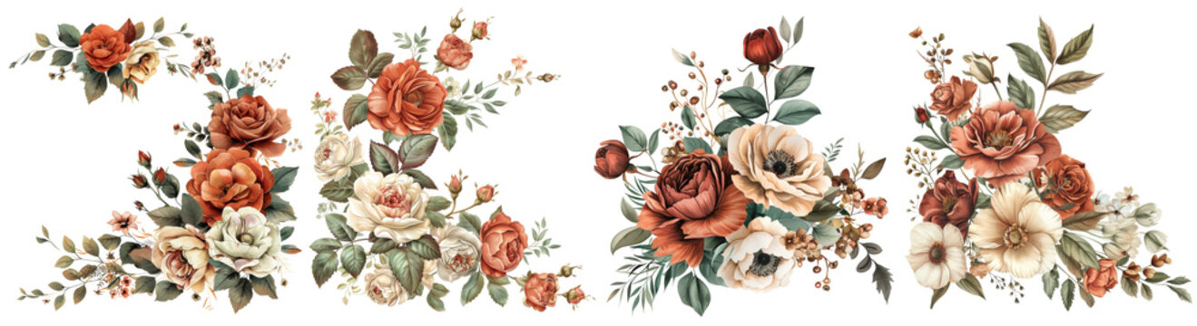 Set of watercolor Rose floral corner , cut out transparent isolated on white background ,PNG file