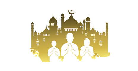 Isolated islamic family with Mosque background. illustration of Eid mubarak or ramadan kareem. © New concept & ideas
