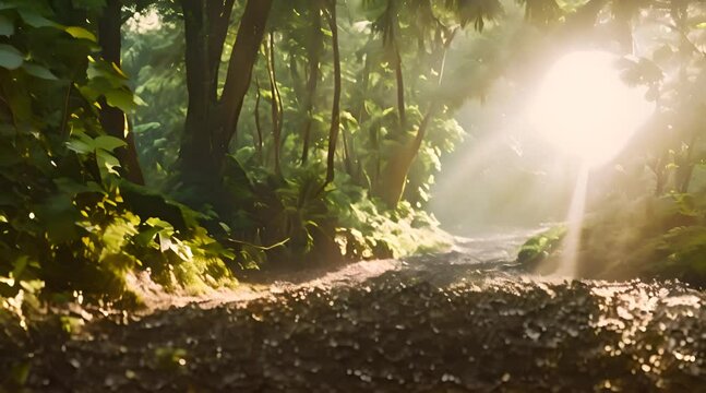 Sunlight Filtering Through a Lush Green Rainforest Canopy Illuminates a Winding River