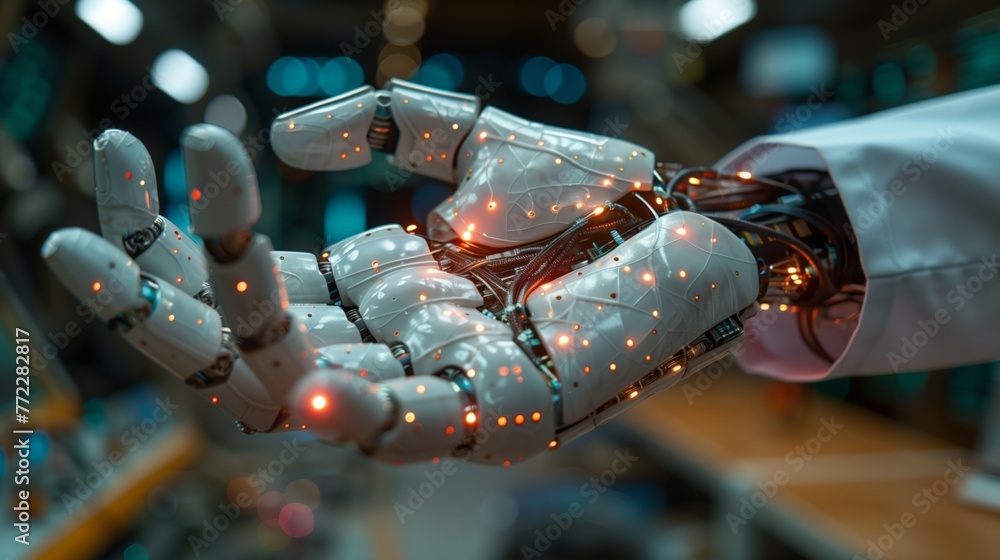 Aufkleber robotic hand illuminated by light