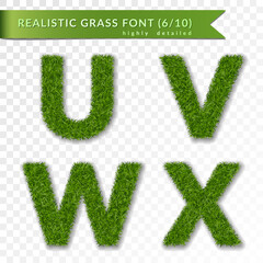 Grass letters U, V, W, X set alphabet 3D design. Capital letter text. Green font isolated white transparent background. Symbol eco environment, save the planet. Realistic meadow Vector illustration