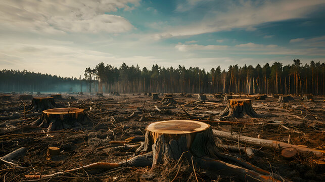 A deforested landscape with stumps of trees stretching into the distance