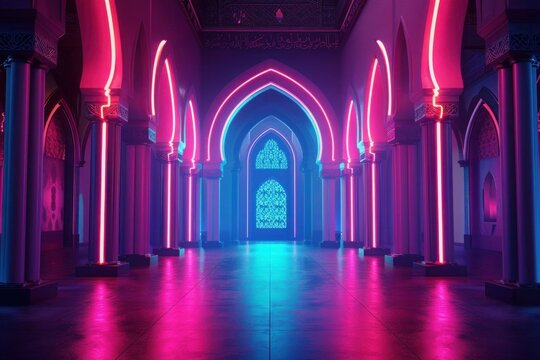 Neon light mosque background islamic generative ai
