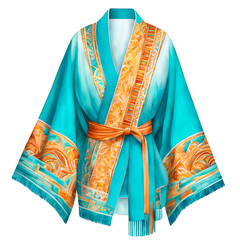 A vibrant turquoise blue kimono, minimal design, intricate border, watercolor illustration, traditional clothing, fashion clipart for ad promos poster, designing, scrapbook, junk journals, cutout