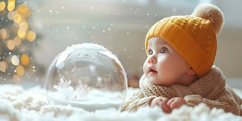 A curious and delighted baby is transfixed by the mesmerizing sight of a snow globe filled with a swirling flurry - obrazy, fototapety, plakaty