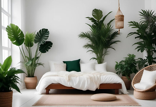 Bedroom interior with lot of house plants. Cozy room interion 