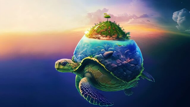 Tropical island with palm trees and a paradise beach, floating in the sea, made on the shell of giant green turtle swimming underwater. Background with copy space. AI-generated