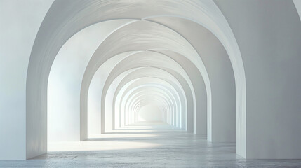 An infinite white archway corridor with a minimalist aesthetic. - obrazy, fototapety, plakaty