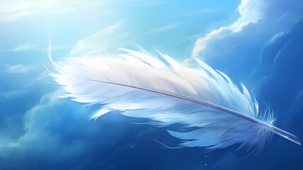  A fluttering white feather gently drifts through the air, caught in a sunlit beam against a backdrop of dreamy sky blue.