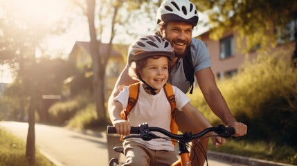 A happy and proud father teaching his young son to ride a bike down the street at sunset. A man and a boy wearing safety helmets have fun in the summer.