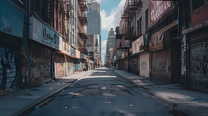 A desolate city street lined with shuttered businesses, reflecting economic downturns and unemployment