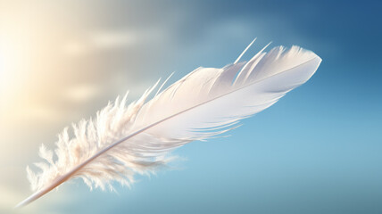  A fluttering white feather gently drifts through the air, caught in a sunlit beam against a backdrop of dreamy sky blue.