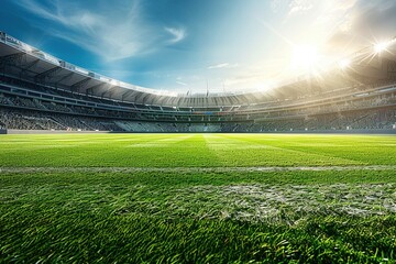 realistic view from middle of football pitch, filled stadium during the da