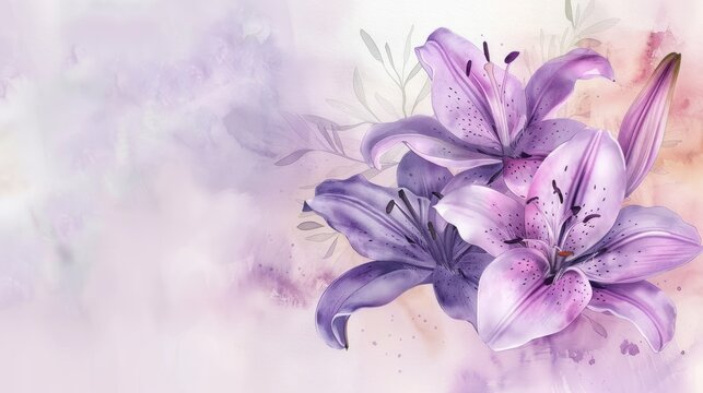 Luxury purple lily flower watercolor style for background and invitation wedding card. AI generated