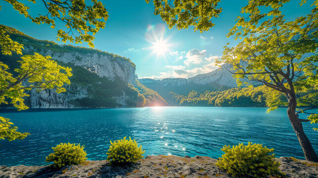 A lake sits nestled among tall trees and towering mountains under a clear blue sky. The tranquil waters reflect the lush greenery and rugged peaks, creating a picturesque landscape