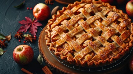 Tasty healthy homemade apple pie food on dark background. AI generated image