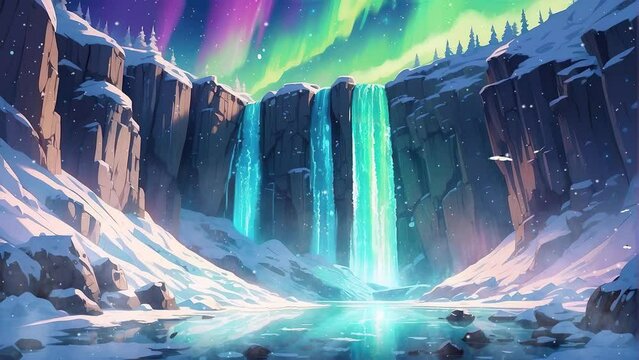 Captivating 4k video footage capturing the enchanting scene of the aurora borealis illuminating the sky above a snowy terrain, with a glowing moon and frozen waterfall.