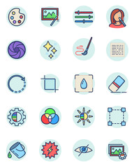 Image editing thin icon set. Filter, contrast, face retouching, palette, brush. Line icons for camera adjusting, setup, photography, application concept