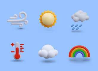 3D wind, sun, rain, red thermometer, white cloud, rainbow